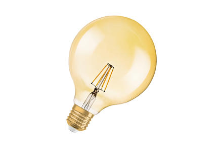 Globe LED-dekorpære E27 - Gyllent glass med rette LED-filamenter, ekstra varmhvitt lys og E27-sokkel. Dimbar.