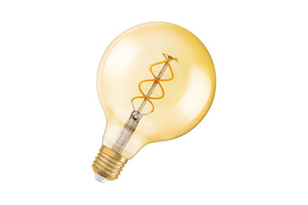 Globe LED-dekorpære E27 - Gyllent glass med spiralformet LED-filamenter, varm glødende lysfarge og E27-sokkel. Dimbar.