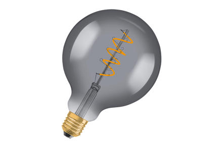 Globe LED-dekorpære E27 - Sotet glass med spiralformet LED-filamenter, varm glødende lysfarge og E27-sokkel. Ikke dimbar.